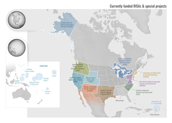 Map of the 11 RISA teams and their geographic coverage across the United States of America and affiliated islands.