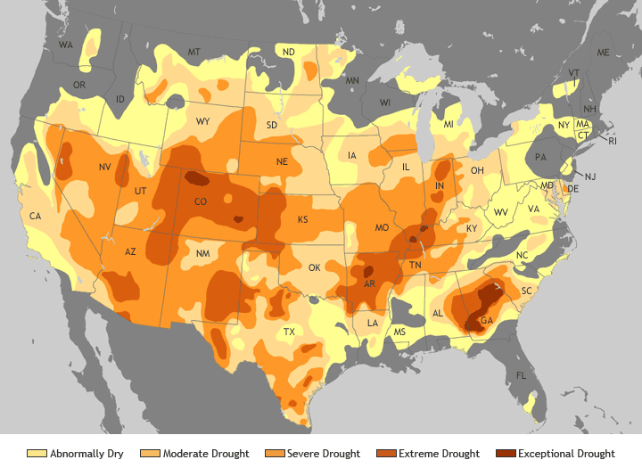 CPO’s programs are helping U.S. farmers prepare for dry soil, scorching heat, and other climate impacts in recent summers. The map above, based on the U.S. Drought Monitor, shows drought and abnormally dry conditions across the contiguous U.S. on July 10, 2012.