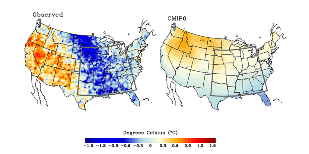 Two maps of continental US showing observed and modeled temperature changes. Image credit: Eischeid et al. 2023
