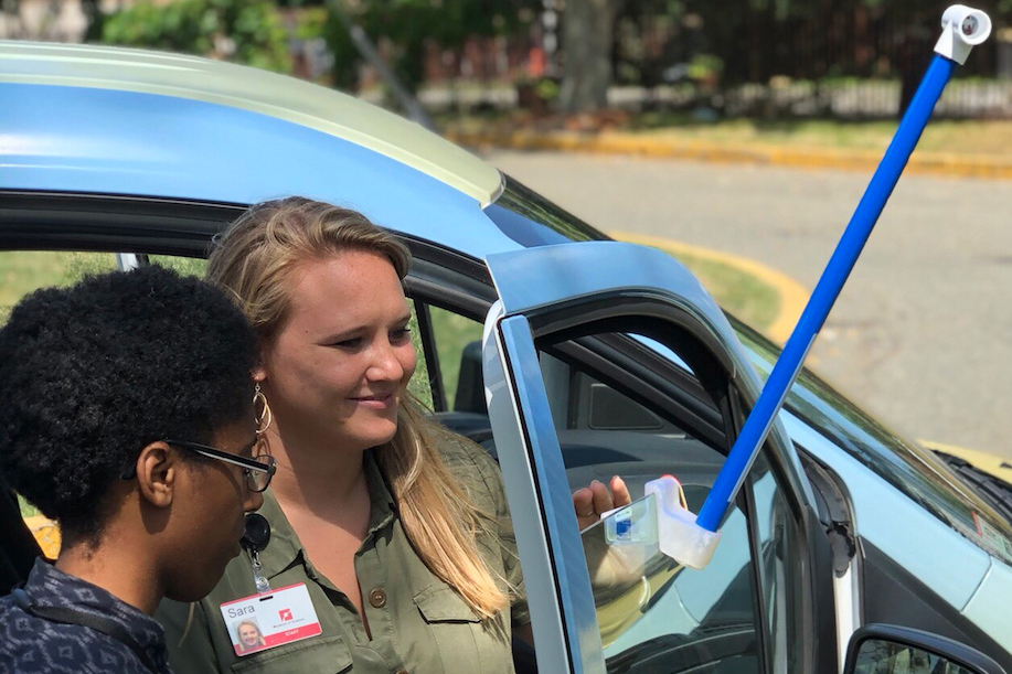 Sara Benson (right) and Roxanne Lee, of the Boston Science Museum, using a CAPA Heat Strategies sensor to investigate the July 20, 2019, extreme heat in Boston, Brookline, and Cambridge, MA. Photo courtesy Boston Science Museum.