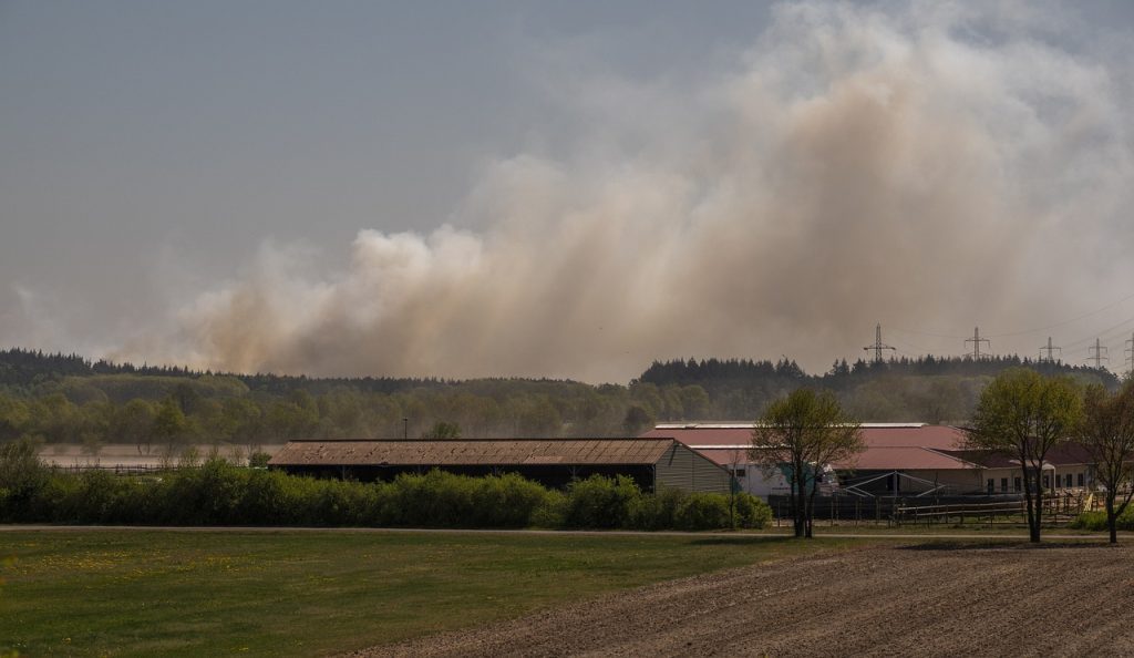 Forest fire behind a barn