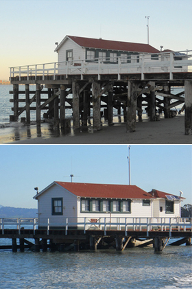 Image of High tide versus low tide on January 19, 2011 at the location of the Golden Gate NOAA tide gauge in the San Francisco Bay.