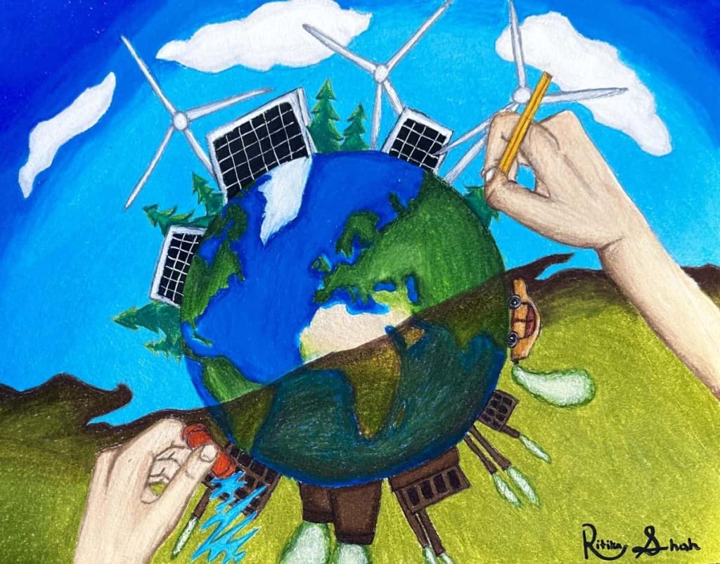 painting of hands designing a cleaner globe. One half of the image depicts a dirty Earth, the other a clean energy Earth.