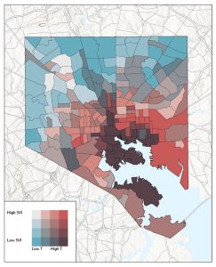Map of the City of Baltimore in Maryland showing social vulnerability index with temperature. Blue indicates low social vulnerability index and temperature while red indicates high social vulnerability index and temperature.