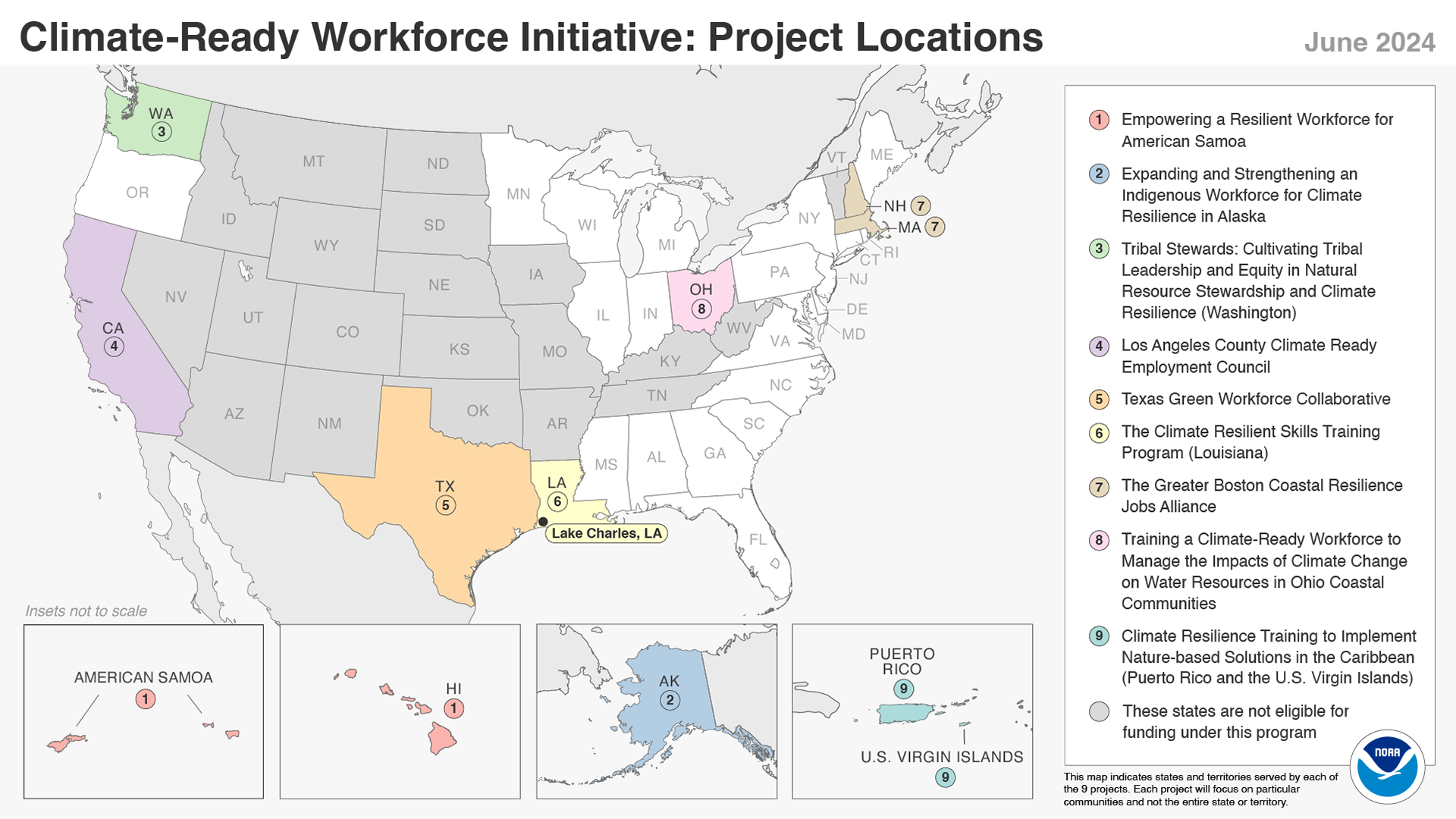 This map shows the coastal and Great Lakes states and U.S. territories where nine Climate-Ready Workforce projects will develop worker training that leads to job placement for Americans over the next four years. The workers will be placed in good jobs focused on building climate resilience in their communities. Jobs will be created in each of the states and territories shown on the map. 