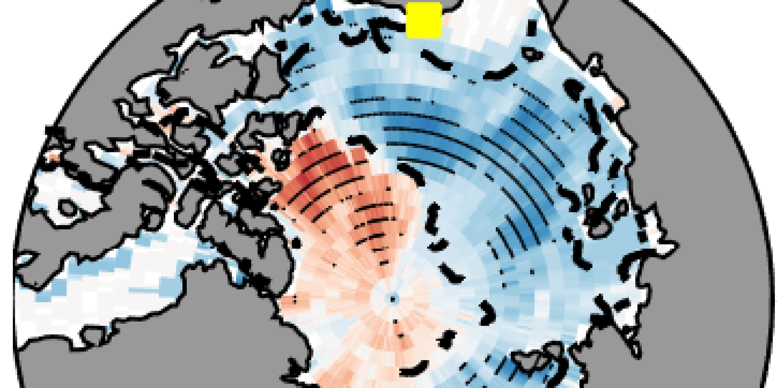 (a) Correlation coefficient (r) between the April-May anomaly in downwelling all-wave radiative flux measured at Barrow and the sea ice concentration for the following September in each grid cell of HadISST, 1993-2014. Regions of negative correlation indicate that positive anomalies measured in spring at Barrow were followed by negative anomalies in sea ice concentration. Black dots mark grid cells where the correlation is statistically significant (p < 0.05). (b) Standard deviation in September mean sea ice concentration in each grid cell of the HadISST data set from 1993-2014. The yellow square in both panels is the location of Barrow. The dashed-black line in both panels is the 20% standard deviation contour line for sea ice concentration in panel (b).