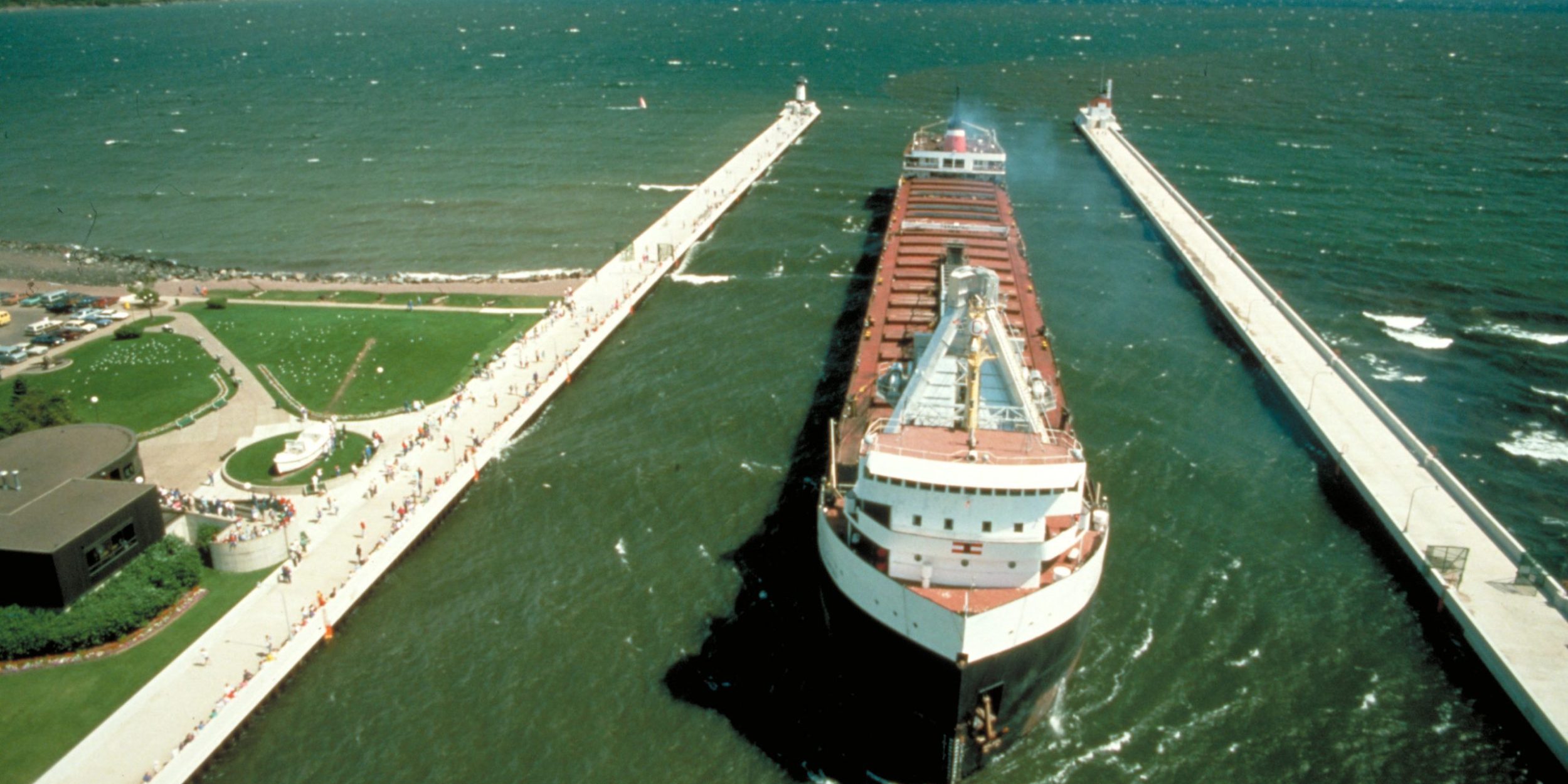 A freighter enters Duluth Harbor in Minnesota.