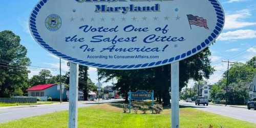 Town sign outside of Crisfield, MD