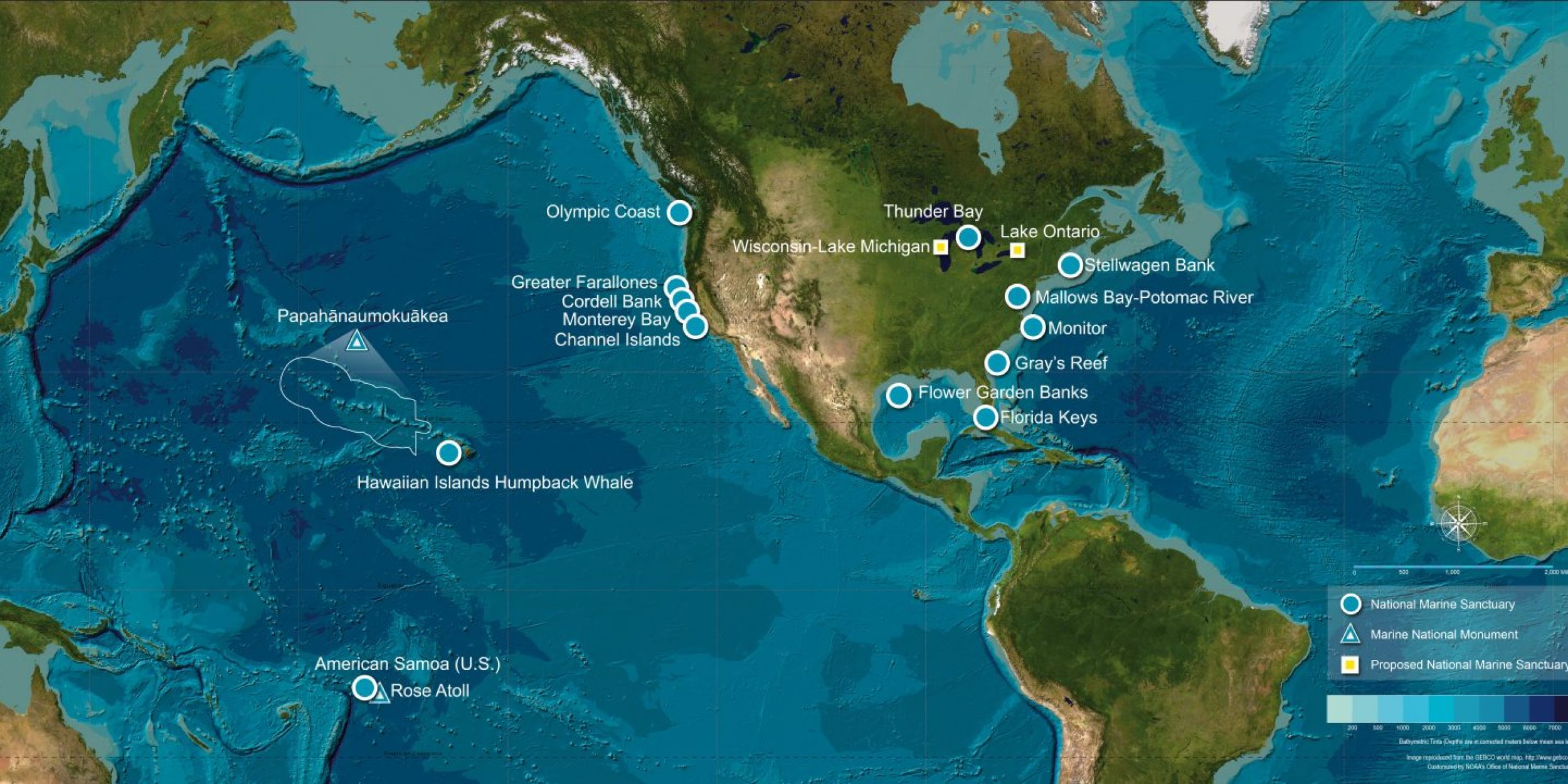 World map marking the locations of 14 national marine sanctuaries with blue circles, 2 marine national monuments with blue triangles, and 2 proposed national marine sanctuaries with white squares.