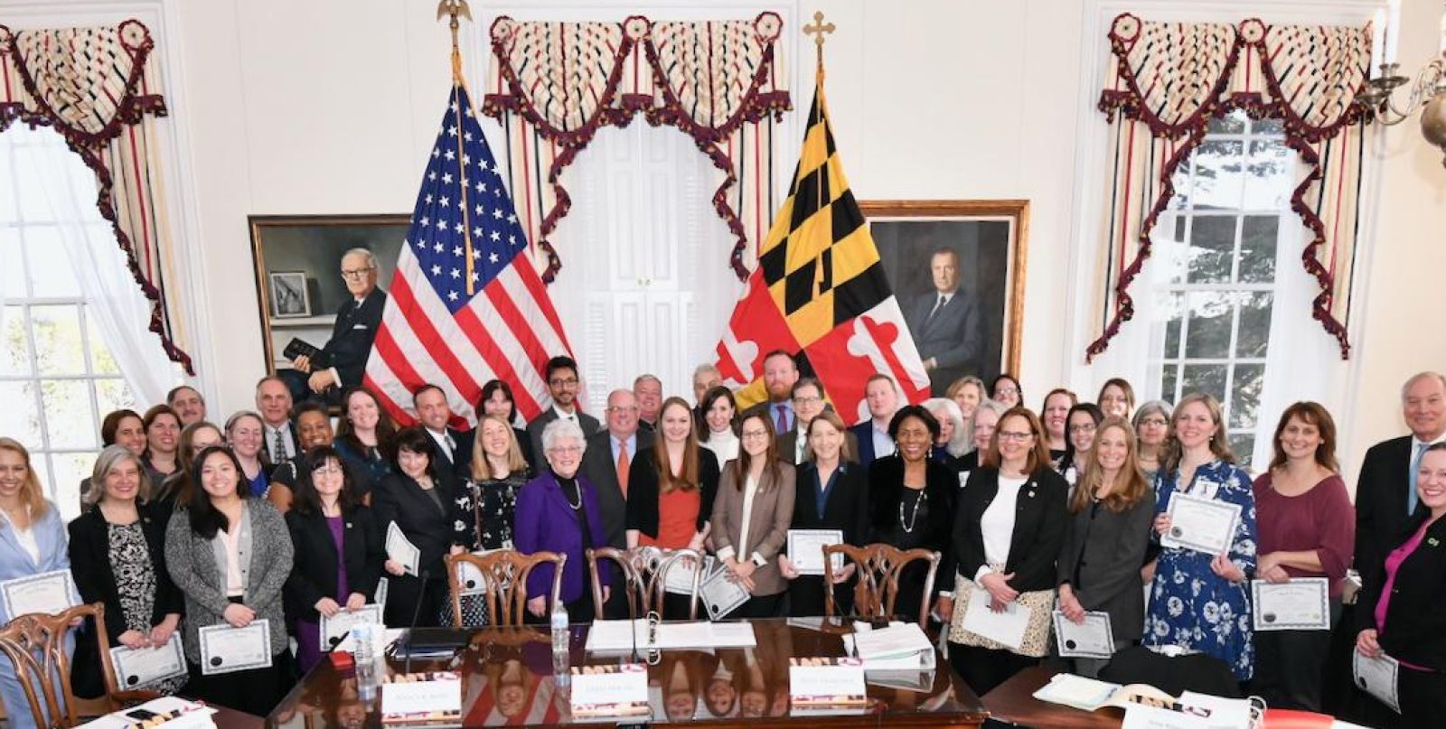 Photo of Maryland Governor Larry Hogan honoring 40 professionals as Maryland’s first Certified Climate Change Professionals.