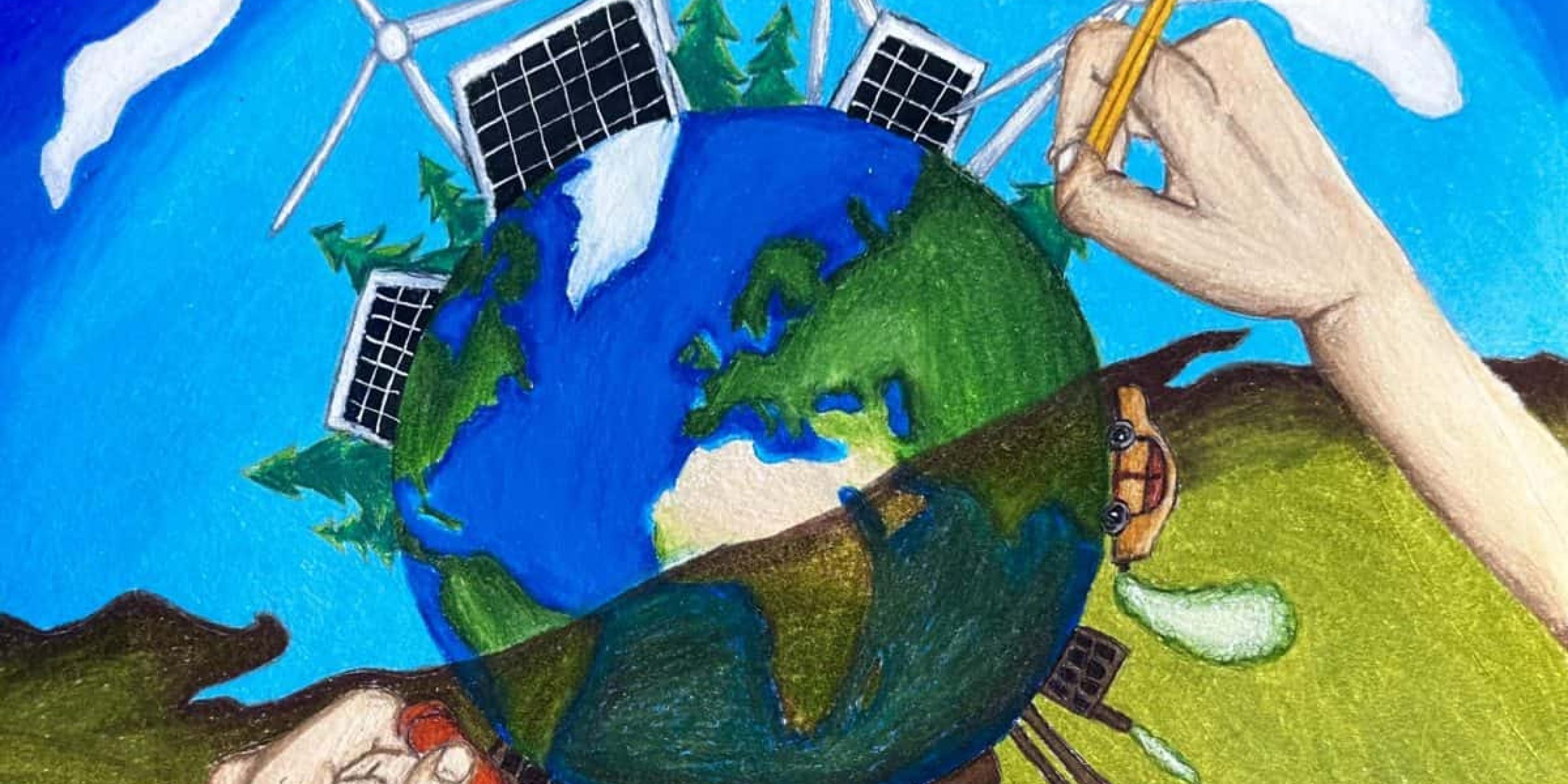 painting of hands designing a cleaner globe. One half of the image depicts a dirty Earth, the other a clean energy Earth.