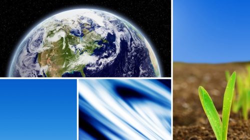 Four images are shown. In the upper left, a view of half of the top half of the earth from space. Below it is blue sky and an abstract view of water. To the right is an image of a plant sprouting from soil.