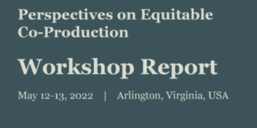 The words "Perspectives on Equitable Co-Production Workshop Report" appear in beige against a dark gray background.