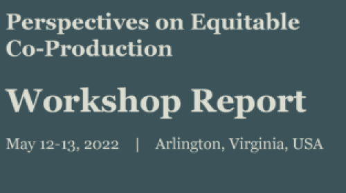 The words "Perspectives on Equitable Co-Production Workshop Report" appear in beige against a dark gray background.