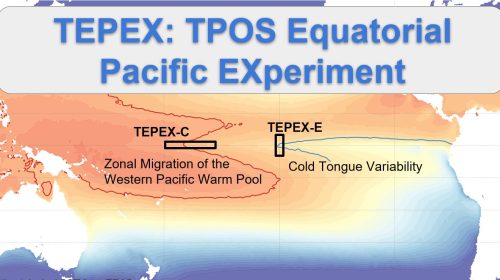 A TEPEX TPOS Equatorial Pacific Experiment graphic image displaying a map that shows the TEPEX-C and TEPEX-E regions on a map