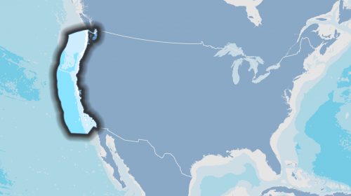 Map over North America with the California Current along the west coast highlighted.