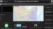 This map from Deloitte’s Climunity Planning Tool shows relative flood risk overlaid with the locations of critical infrastructure throughout the region. At the perimeter of the map are charts and graphs showing metrics associated with flood insurance